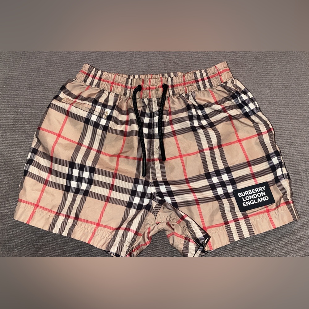 Burberry Beige and Red Plaid Swim Shorts - 12 months